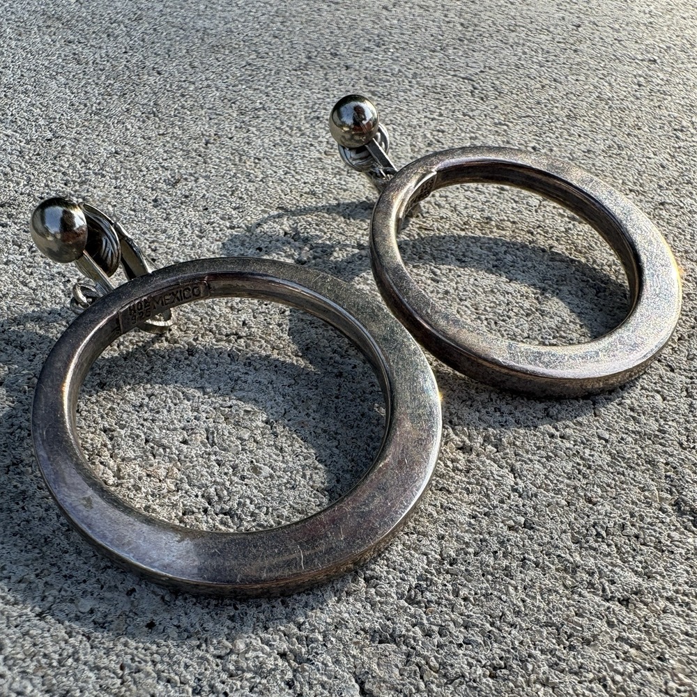 Taxco Mexico 925 Sterling Silver Vintage Clip On Hoop Earrings HOB Hallmark
